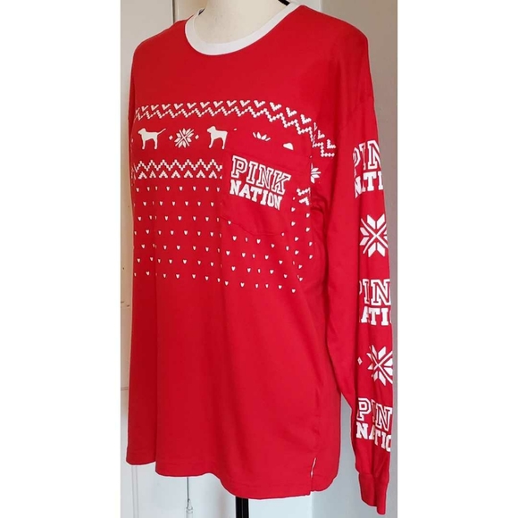 VS Pink Nation Red Christmas Holiday Shirt Logo Dog Long Sleeve Fair Isle Pocket - Picture 2 of 4